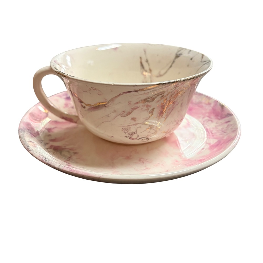 Sascha Brastoff California Pink Purple Marble Tea Cup Saucer Set Gold Accents